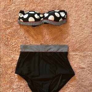 Black & White Polka Dot Bandeau Bikini Set – Retro High-Waisted – Size M